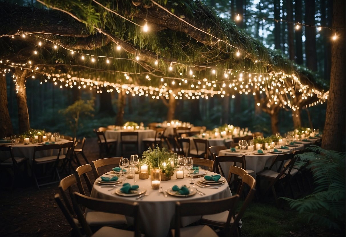 Lush greenery, twinkling fairy lights, and whimsical woodland creatures adorn the enchanted forest-themed party. A canopy of shimmering stars hangs overhead, while moss-covered tables and toadstool stools create a magical atmosphere