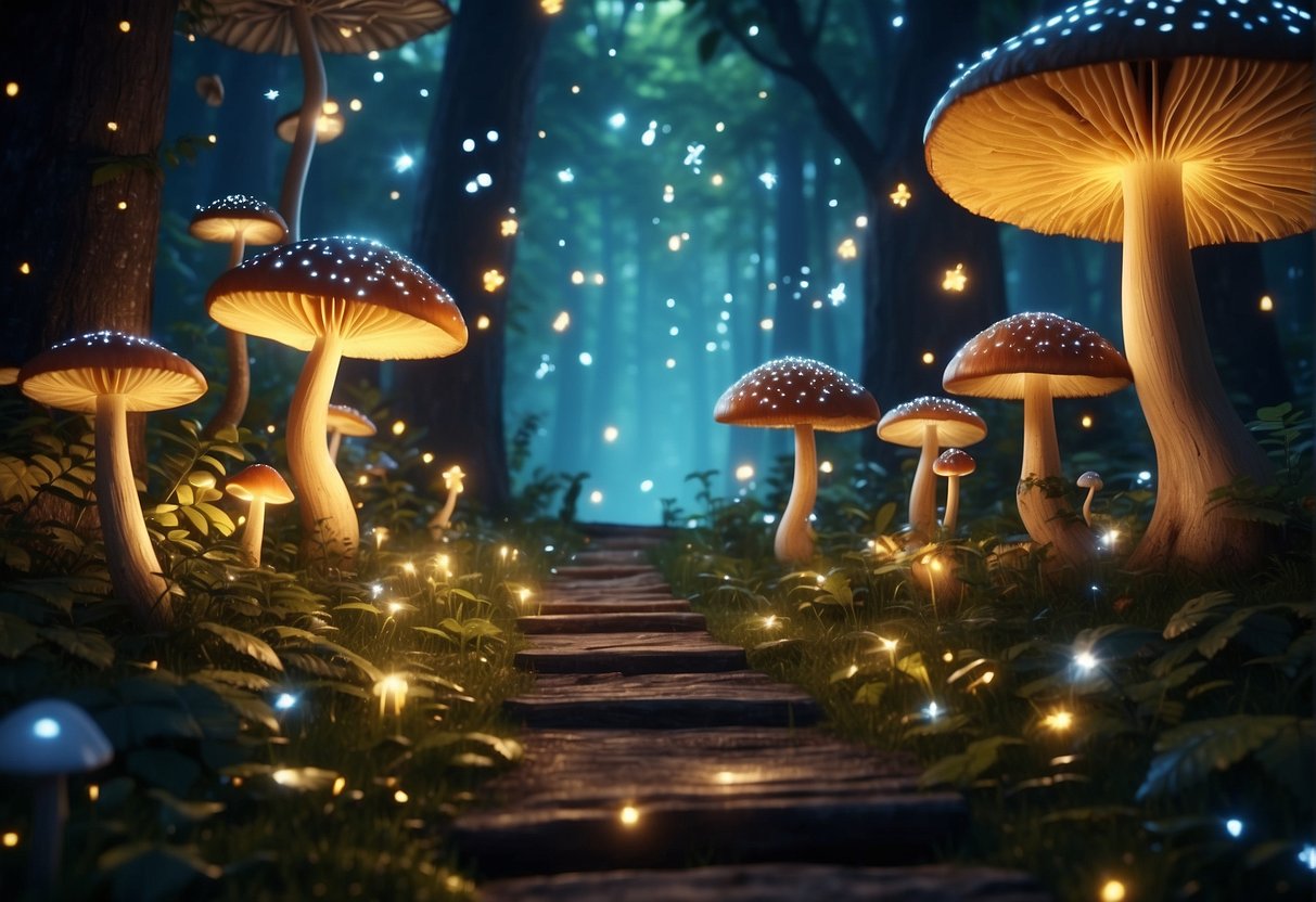 A magical forest with glowing mushrooms, sparkling fireflies, and a grand treehouse. A game of hide and seek among the towering trees