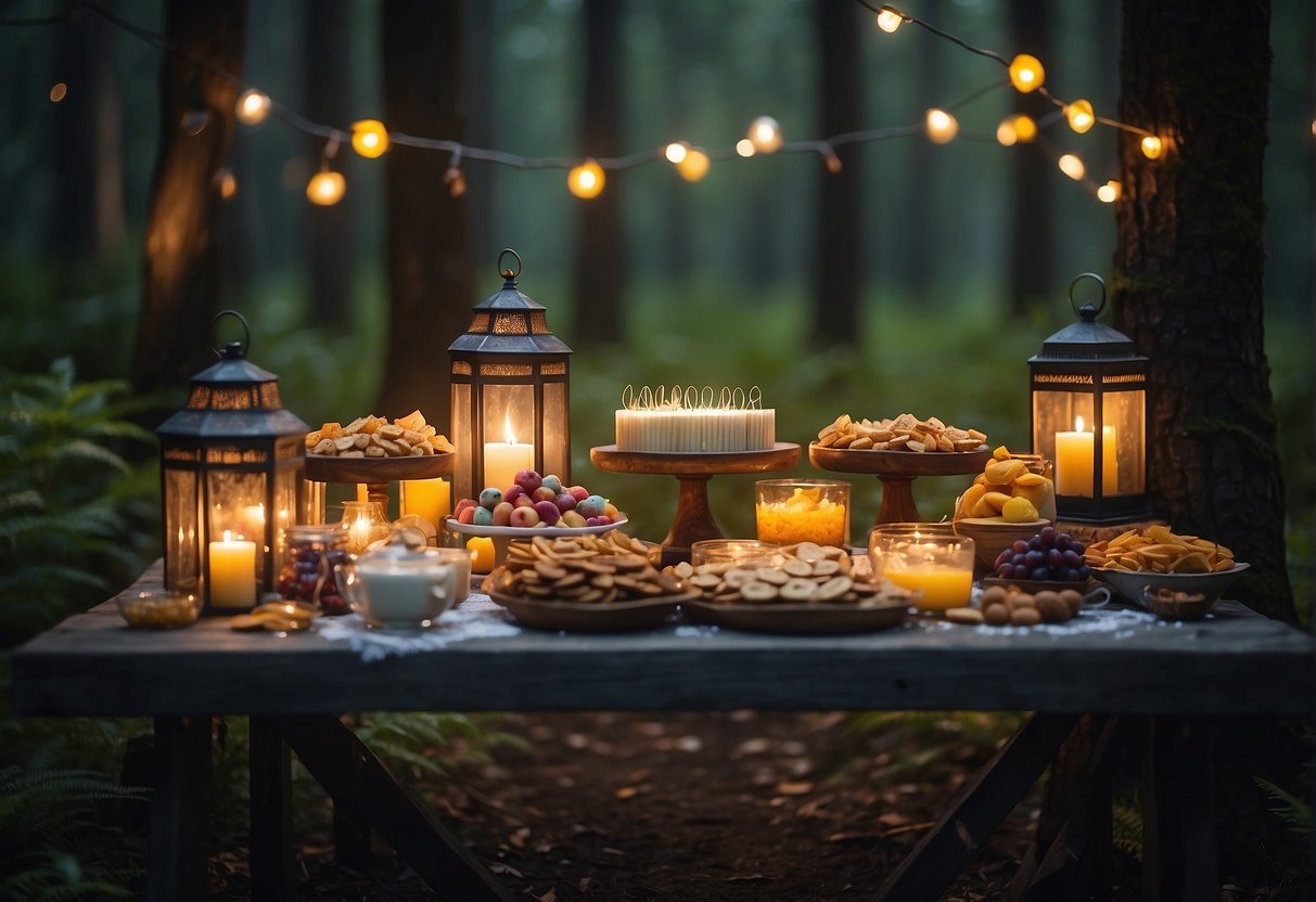 A table set with whimsical treats and colorful snacks in a mystical forest clearing. Fairy lights twinkle above, casting a warm glow on the enchanting spread