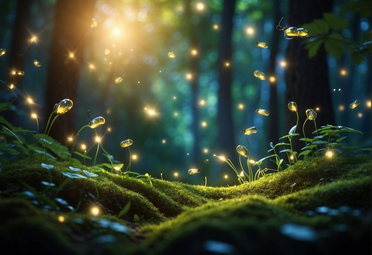 A lush, enchanted forest with twinkling fireflies, towering trees, and whimsical creatures. A magical atmosphere with sparkling streams and colorful flora