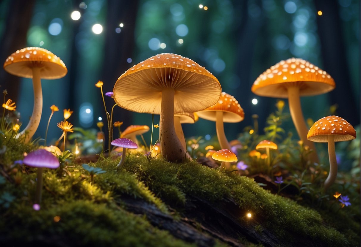 A magical forest filled with glowing mushrooms, sparkling fireflies, and whimsical creatures in costume, surrounded by towering trees and vibrant flowers
