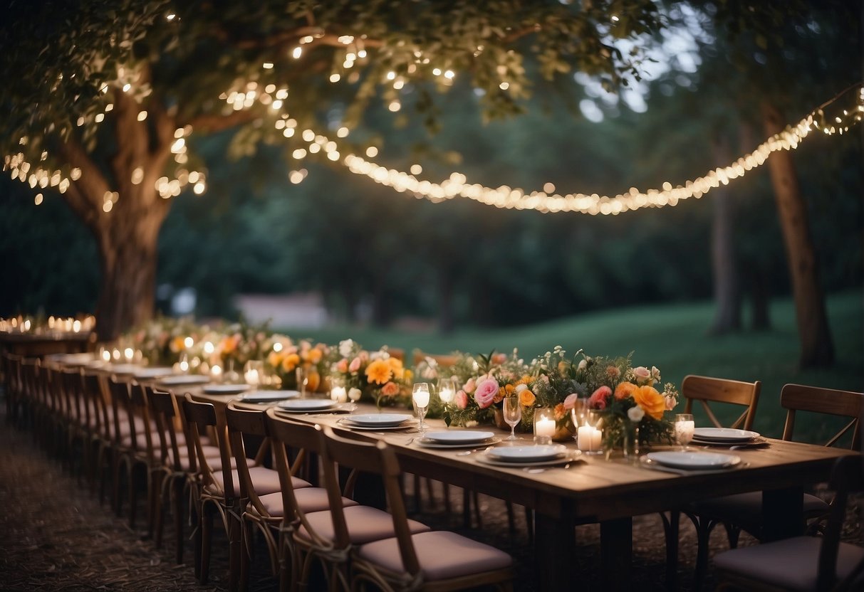 A magical forest with twinkling fairy lights, towering trees, and colorful flowers. Tables set with whimsical centerpieces and guests dressed in enchanting costumes