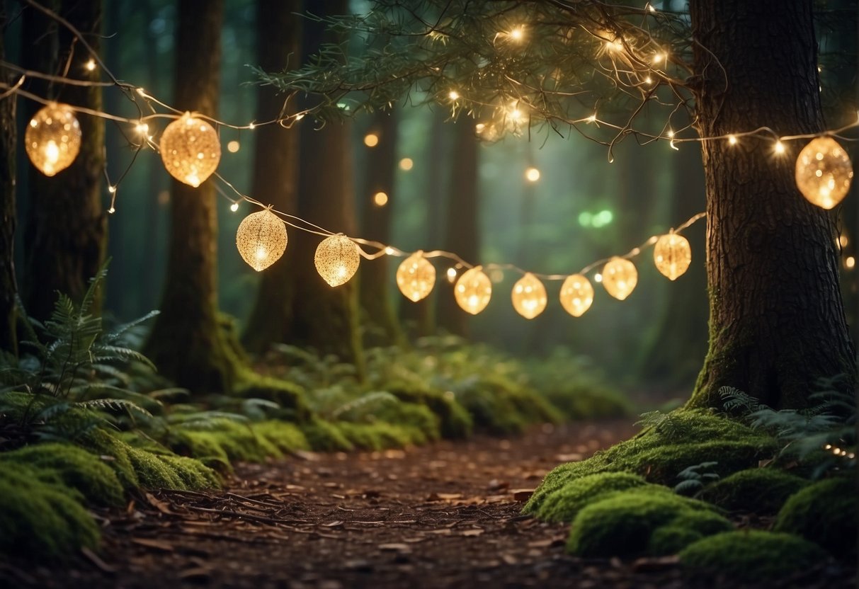 A magical forest with towering trees, twinkling fairy lights, and whimsical creatures. Online shopping for enchanted forest party decorations and materials