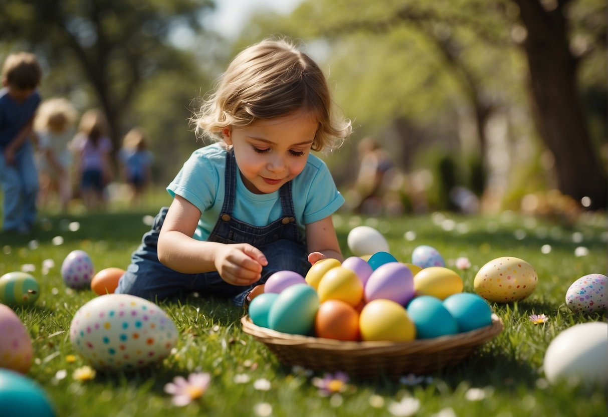 Children hunt for Easter eggs in a colorful garden, while others decorate eggs and make Easter crafts