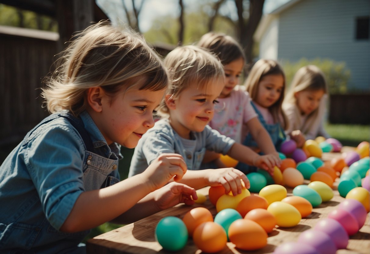 Children dyeing eggs, decorating with stickers, and participating in an egg hunt