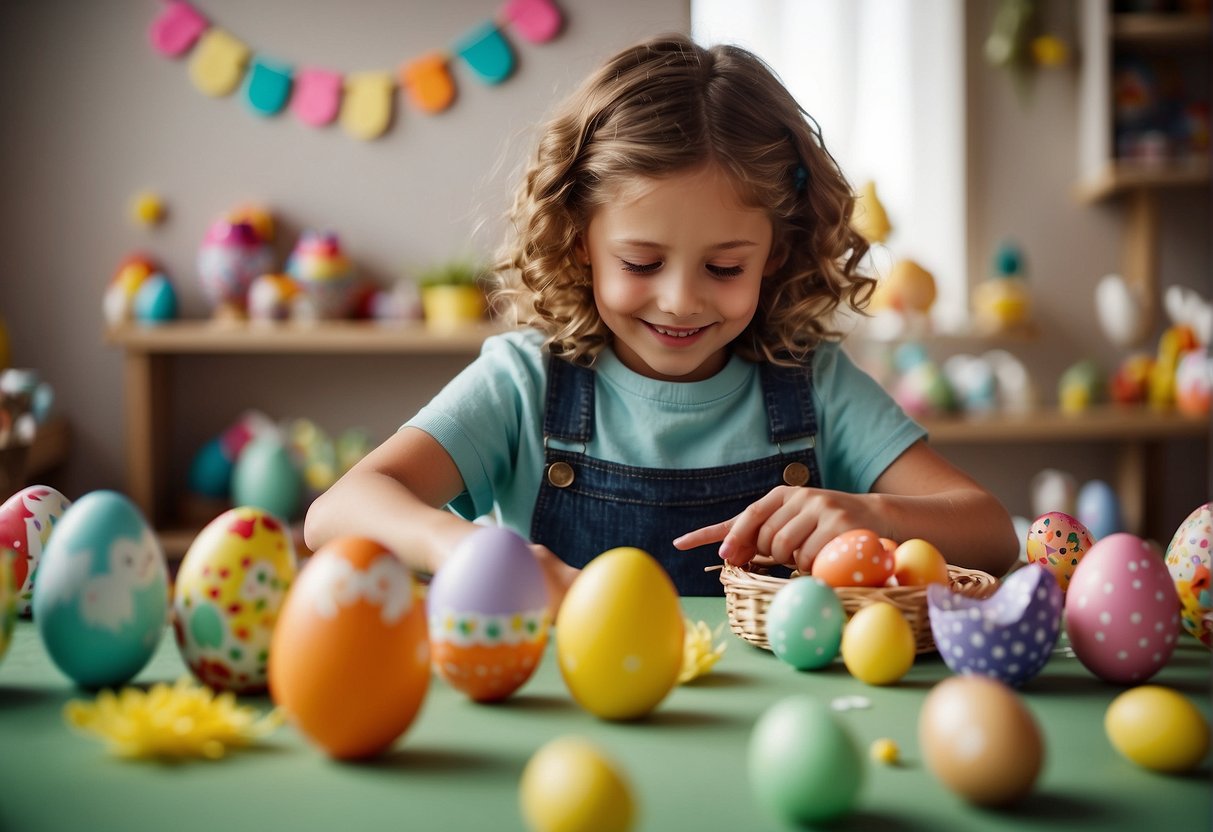 Children happily creating Easter crafts with colorful paper, glue, and scissors. Decorated eggs, bunnies, and chicks fill the room with creativity and joy
