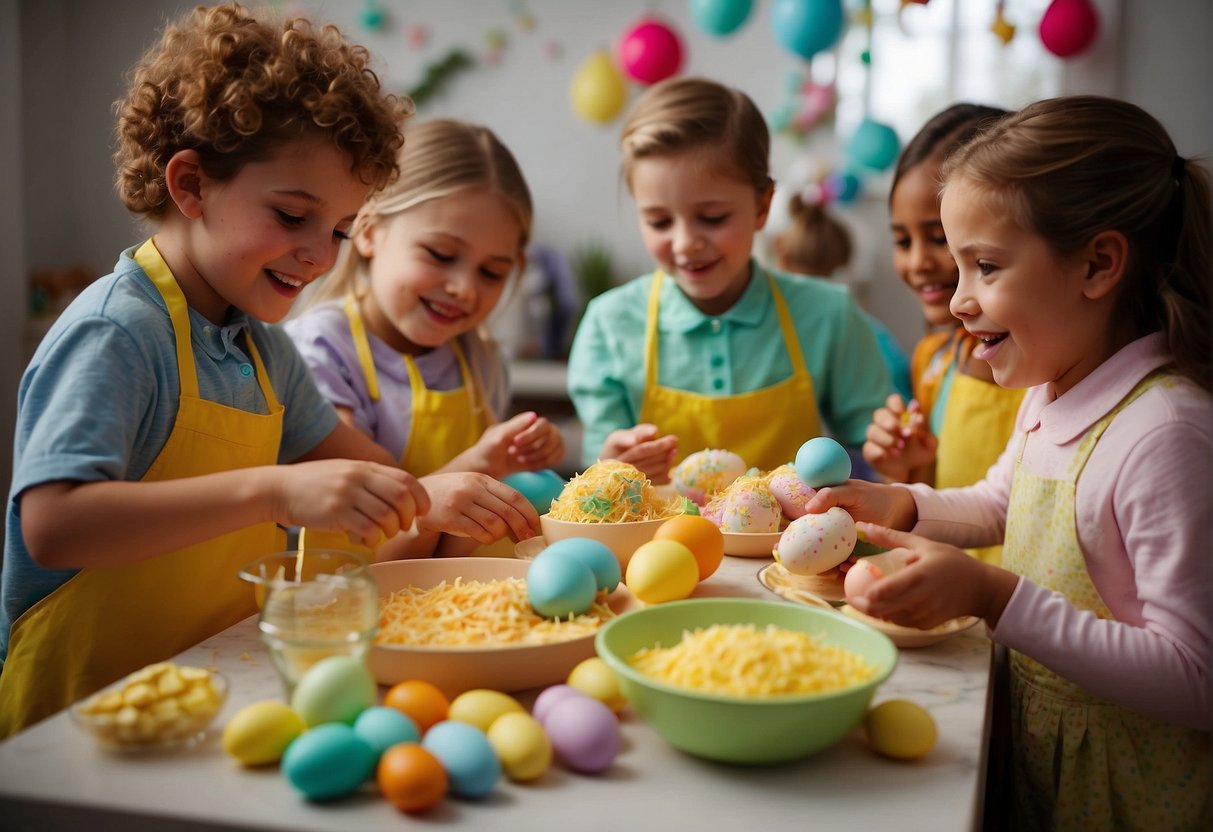 Children gather around a table, excitedly mixing ingredients and decorating Easter-themed treats. Bright colors and delicious aromas fill the room as they engage in food-centric Easter activities