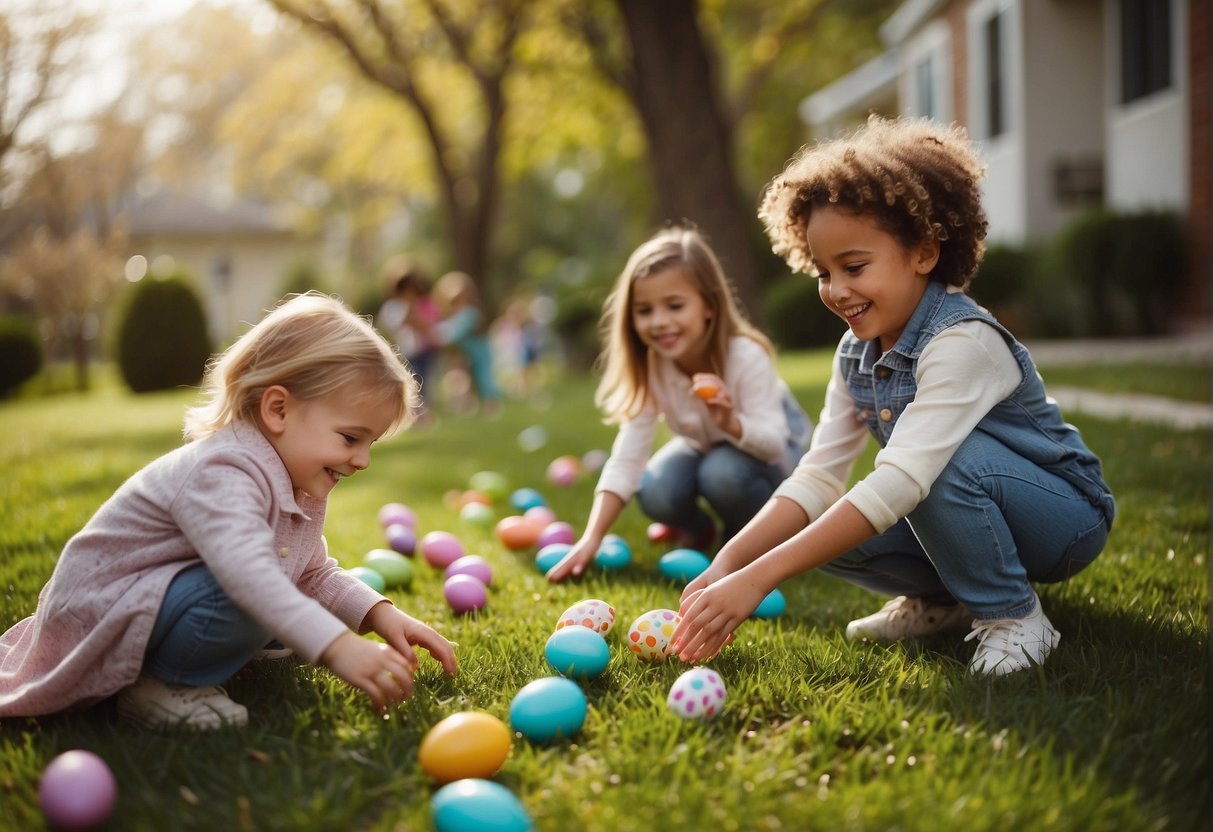 Children playing outdoor and indoor Easter games. Egg hunts, sack races, and egg decorating. Joyful laughter and excitement fill the air