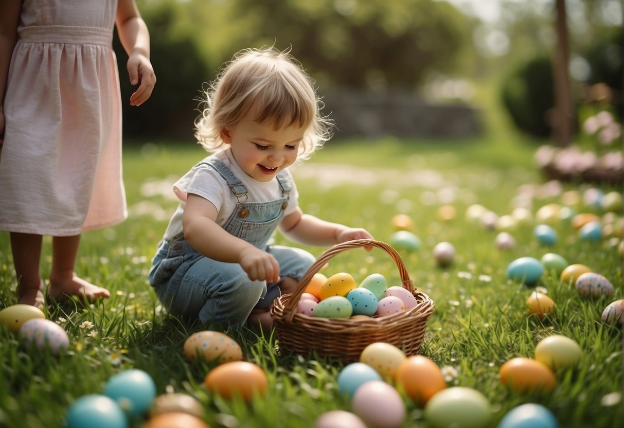 Children hunt for colorful Easter eggs in a sunny garden with blooming flowers and green grass. They laugh and play games, surrounded by baskets and playful decorations