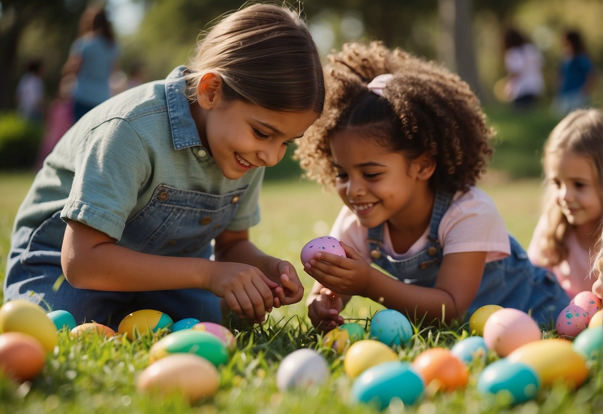 Children of different ages engage in Easter-themed activities like egg decorating, scavenger hunts, and crafts in a colorful and welcoming environment
