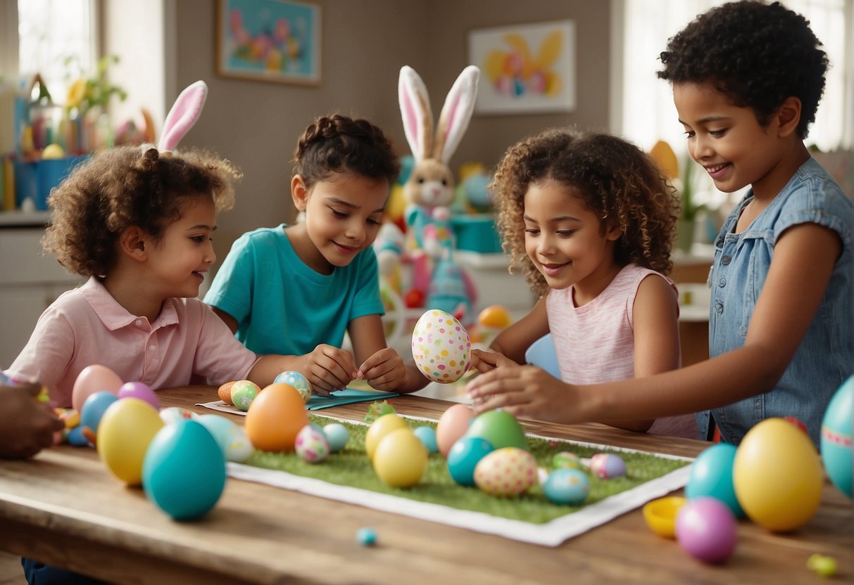 Children gather around a table with Easter printables and supplies. They are coloring eggs, doing word searches, and making crafts. A bunny and Easter eggs decorate the room