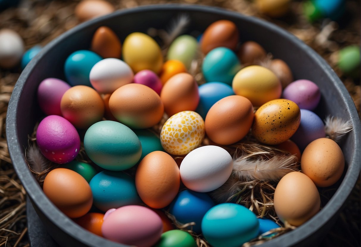 Children mix colorful sensory materials in a large bin, exploring textures and scents. Plastic eggs, feathers, and other Easter-themed items are scattered around the play area