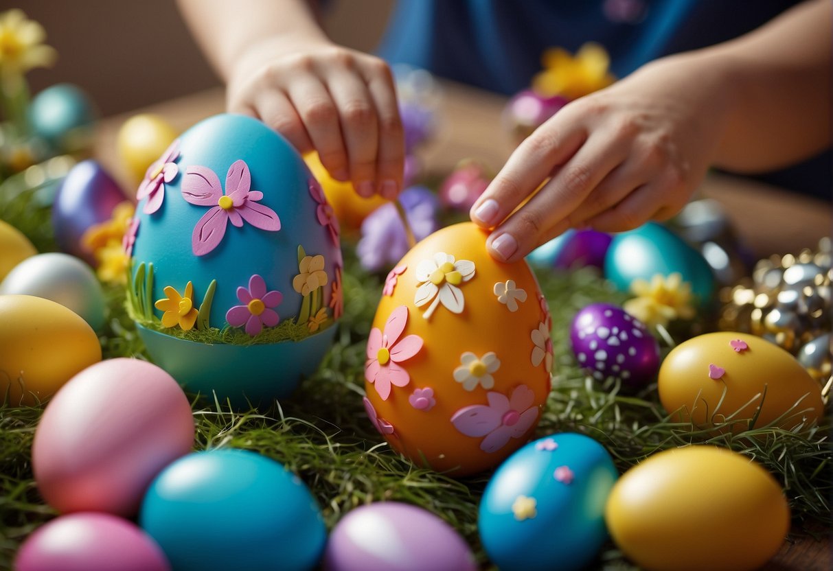 Children using innovative crafting techniques to create Easter-themed decorations and crafts, surrounded by colorful materials and tools