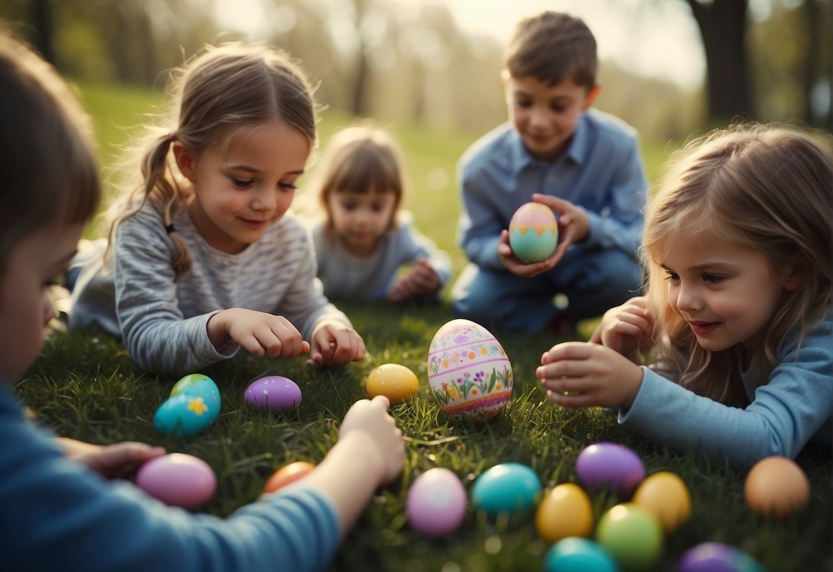 Children gather around a colorful Easter egg hunt, while others decorate eggs and enjoy festive crafts