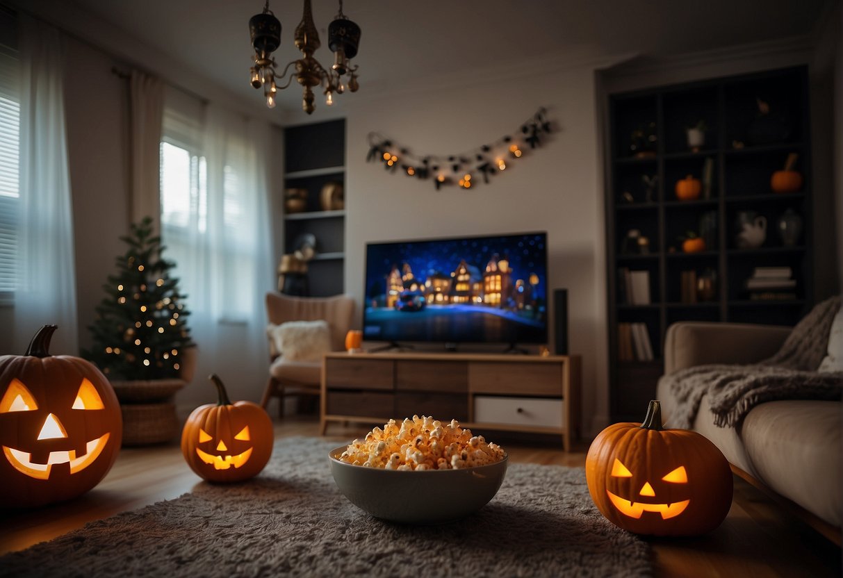 A cozy living room with a glowing TV screen, surrounded by Halloween decorations and a bowl of popcorn