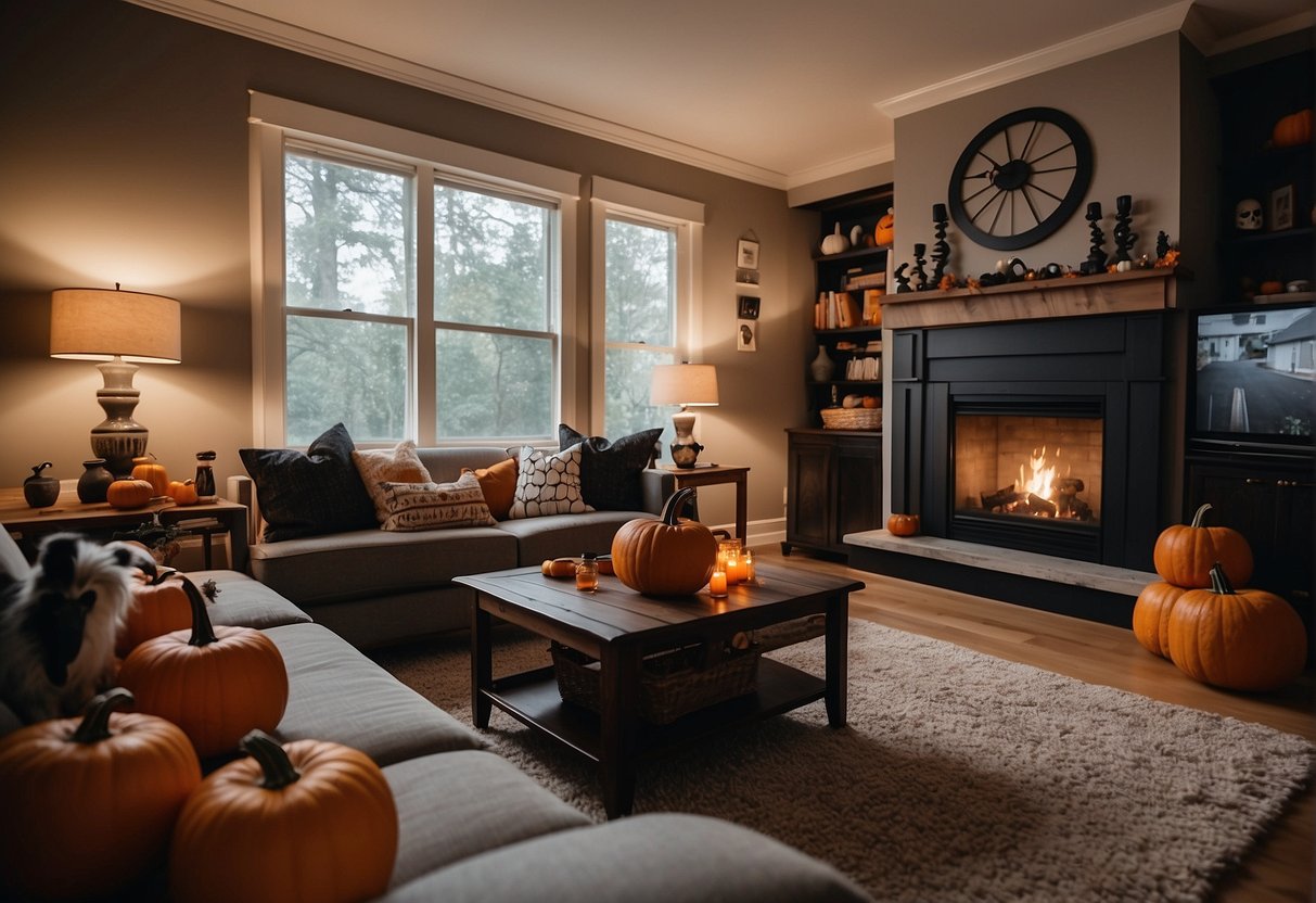 A cozy living room with a big screen TV playing family-friendly Halloween movies. Pumpkins and spooky decorations add to the festive atmosphere