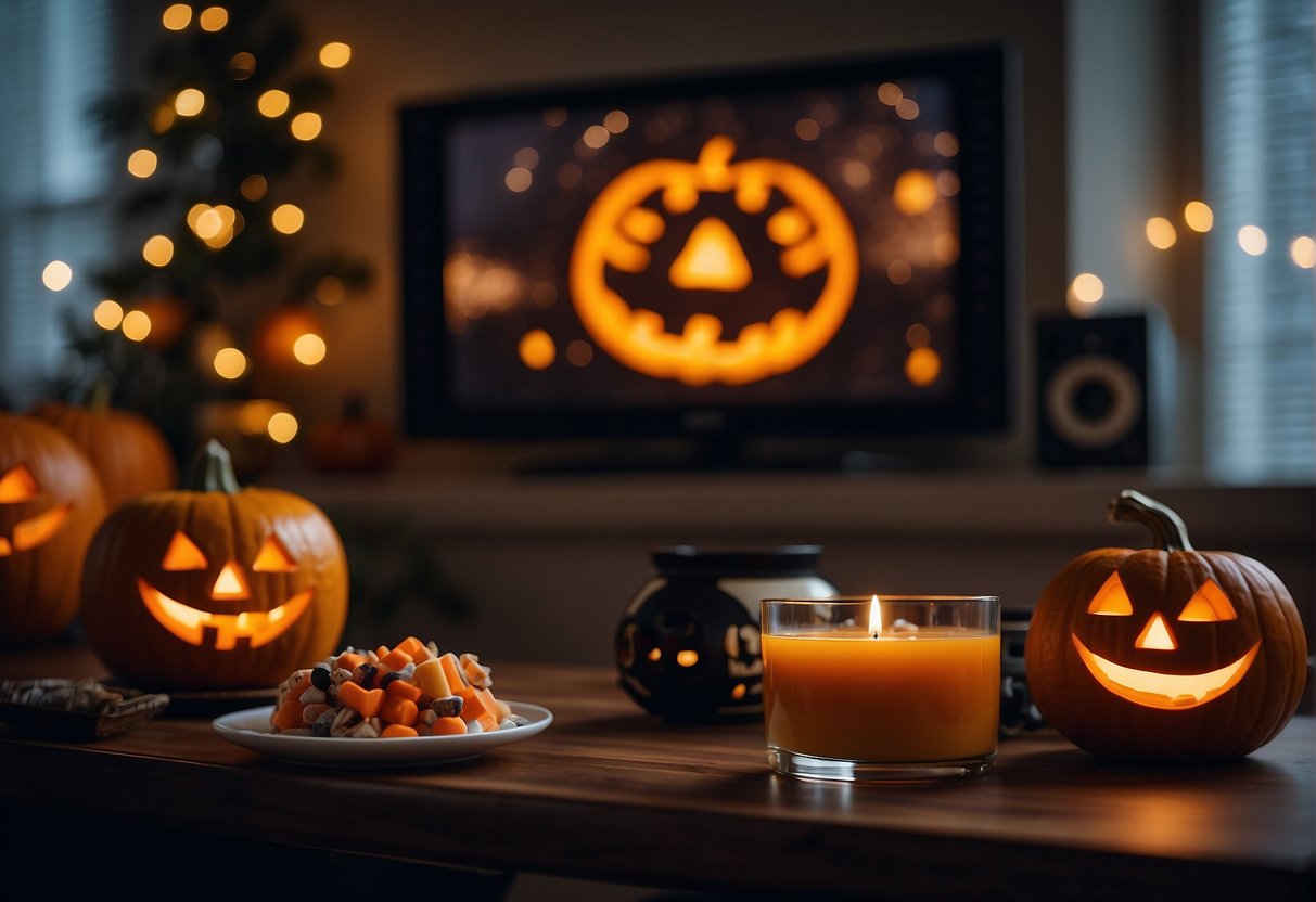 A cozy living room with a glowing jack-o-lantern, a bowl of candy, and a TV playing family-friendly Halloween movies on Netflix