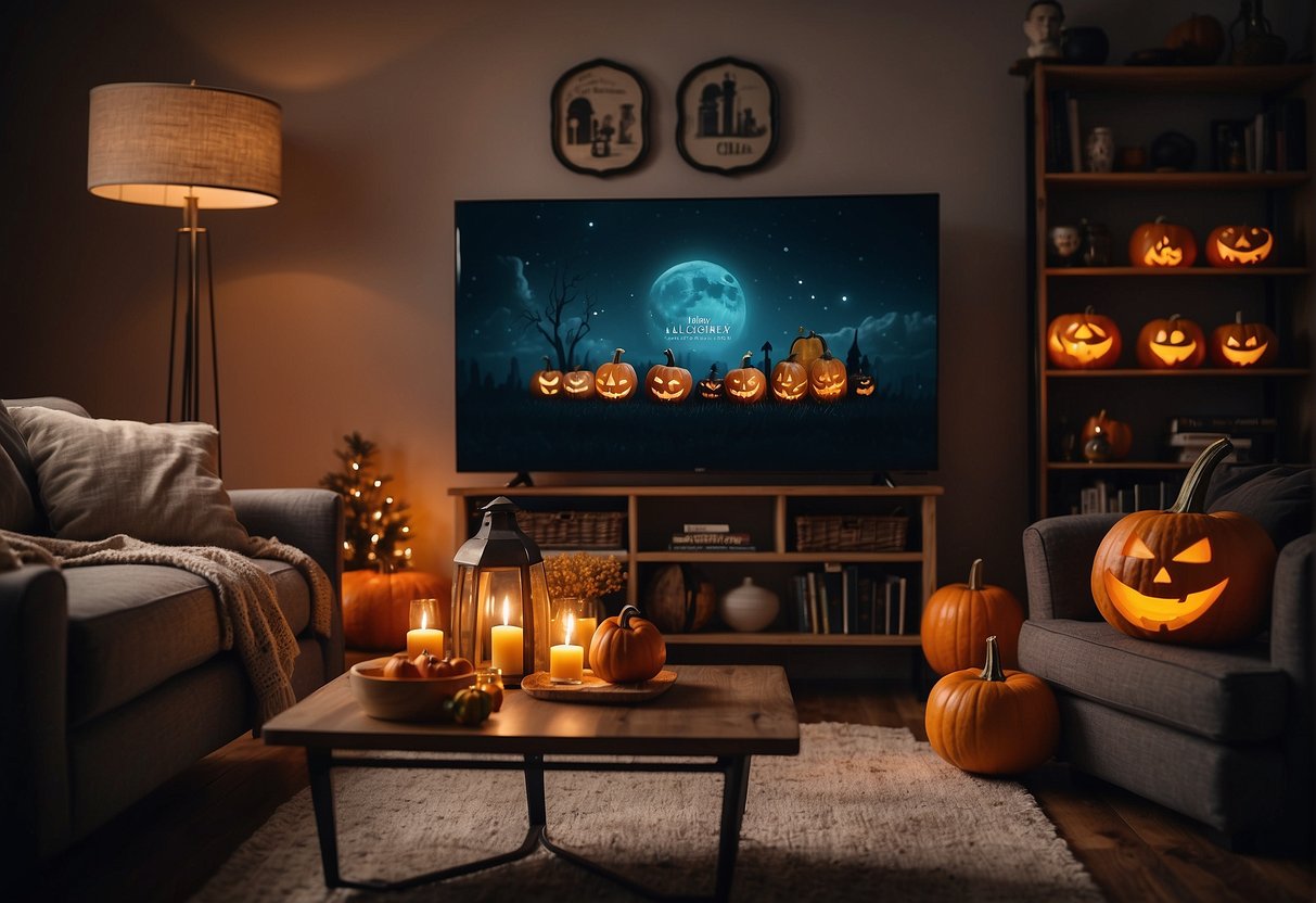 A cozy living room with a glowing TV screen showing a collection of family-friendly Halloween movies on Netflix. Decorative pumpkins and spooky decorations add to the festive atmosphere