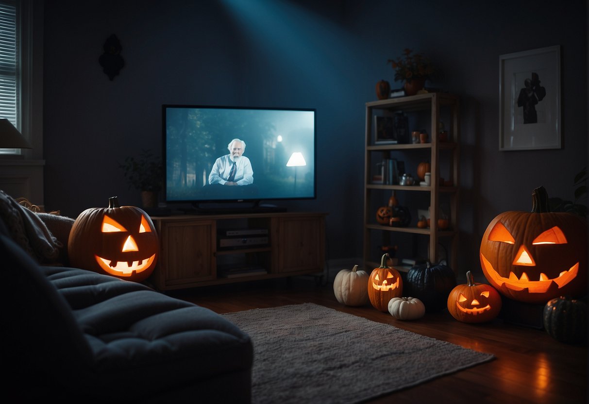 A spooky living room with a glowing jack-o-lantern, a cozy blanket, and a TV playing family-friendly Halloween movies from Netflix