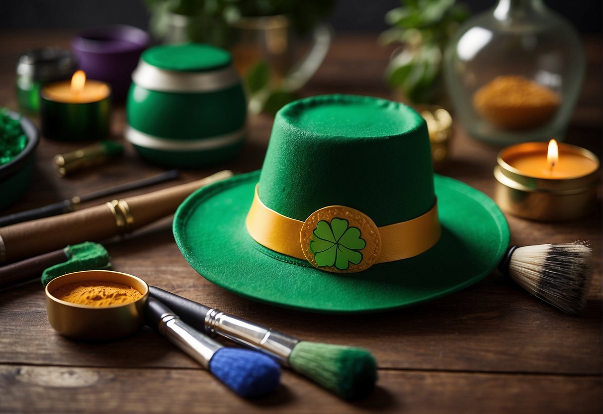 A table with various face painting supplies and brushes. A model of a shamrock and a leprechaun hat for inspiration