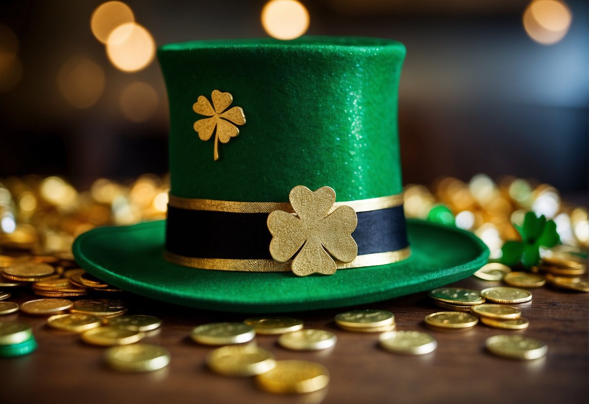 A leprechaun hat, shamrocks, and a pot of gold, with vibrant green face paint designs for St. Patrick's Day festivities