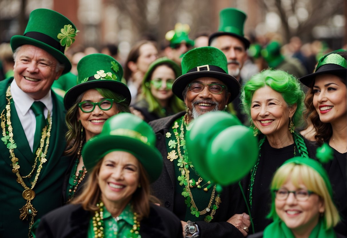 A group of people with varying ages and ethnicities are gathered at a St. Patrick's Day event, getting their faces painted with green shamrocks, leprechauns, and other festive designs