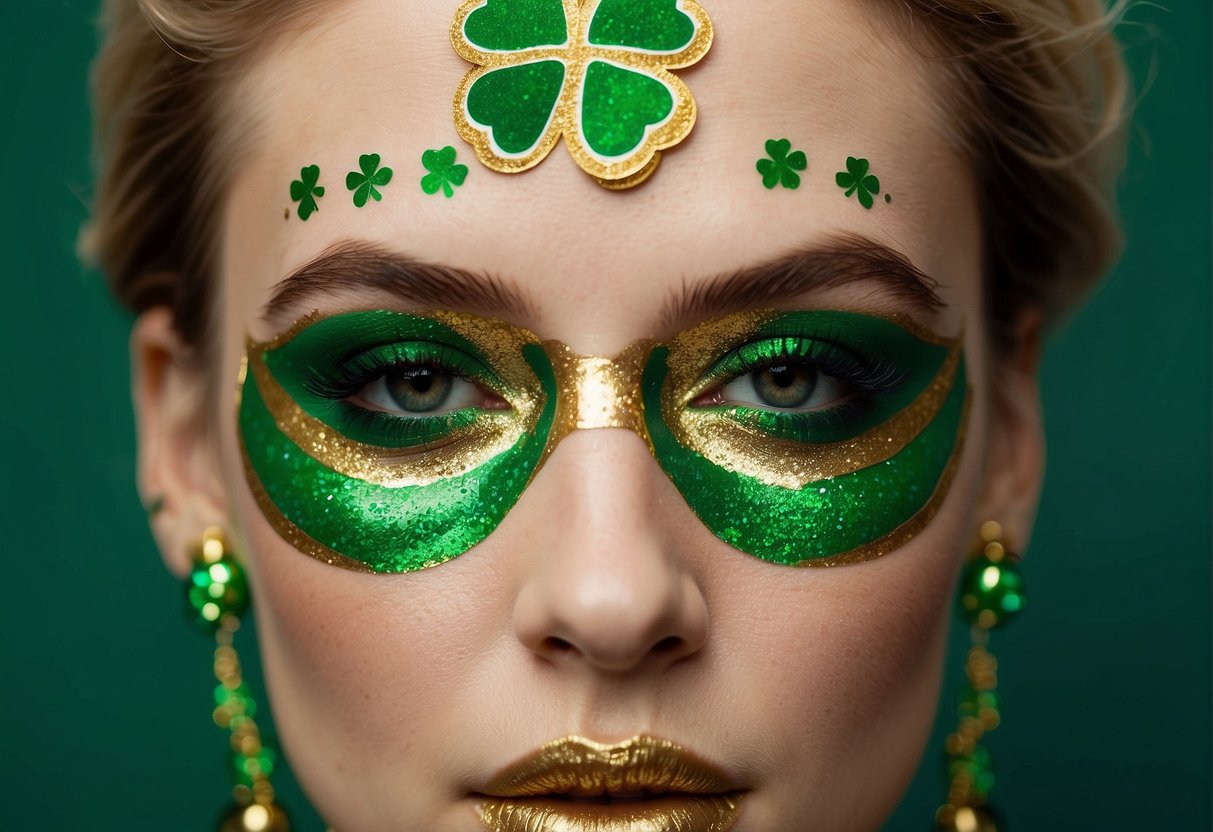 Green shamrock stickers and glittery gold beads adorn the vibrant St. Patrick's Day face paint, adding a festive and playful touch
