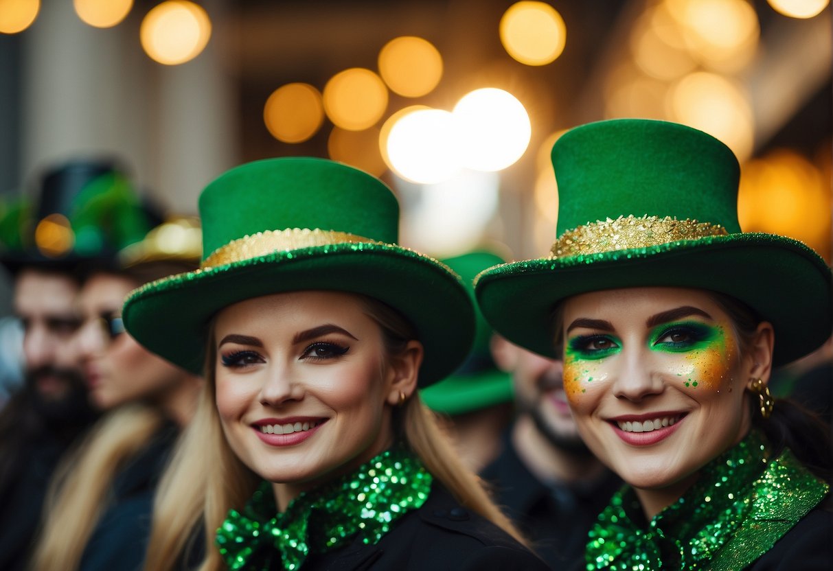 Green shamrocks and leprechaun hats painted on cheeks, with glittering gold and rainbow accents