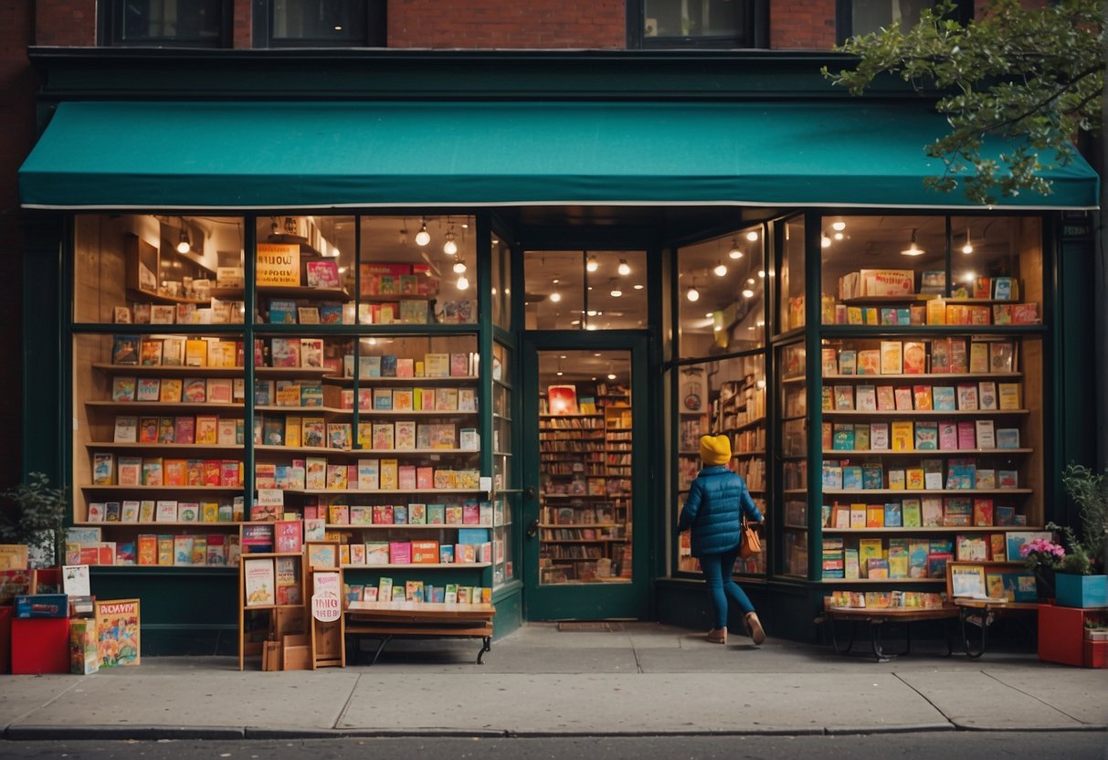 Colorful storefronts line the bustling streets of New York City, each adorned with playful and vibrant displays. Children's clothing, toys, and books fill the windows, drawing in young passersby with their whimsical charm