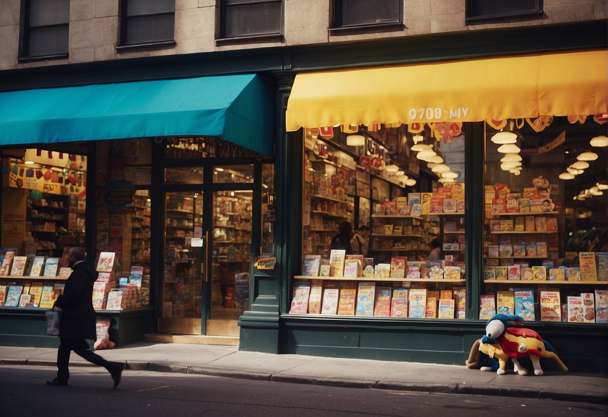 A bustling street in NYC with colorful storefronts and a sign reading "Iconic Toy Stores." People walk by, peering into the windows filled with toys and games. The scene is vibrant and lively, with a sense of excitement and wonder