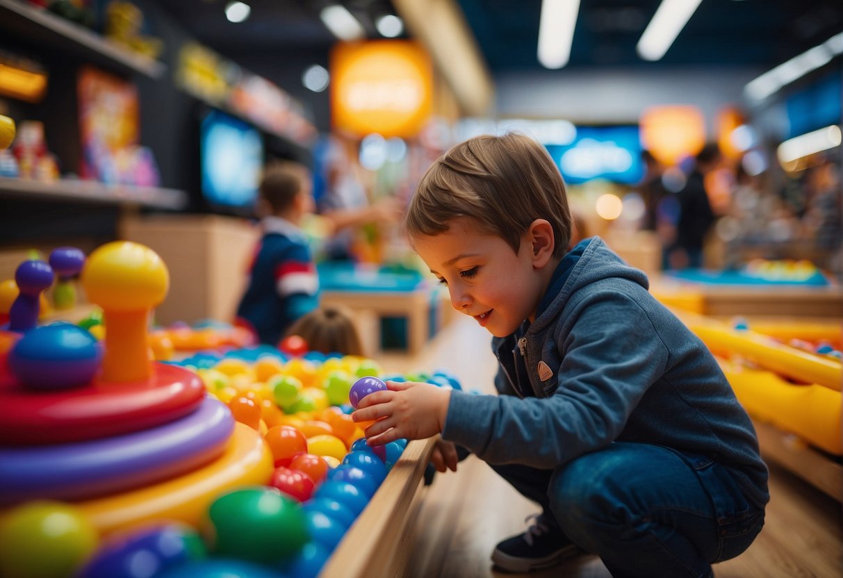 Children playing with interactive toys in a vibrant store filled with innovative games and activities. Bright colors and engaging displays create a fun and lively atmosphere