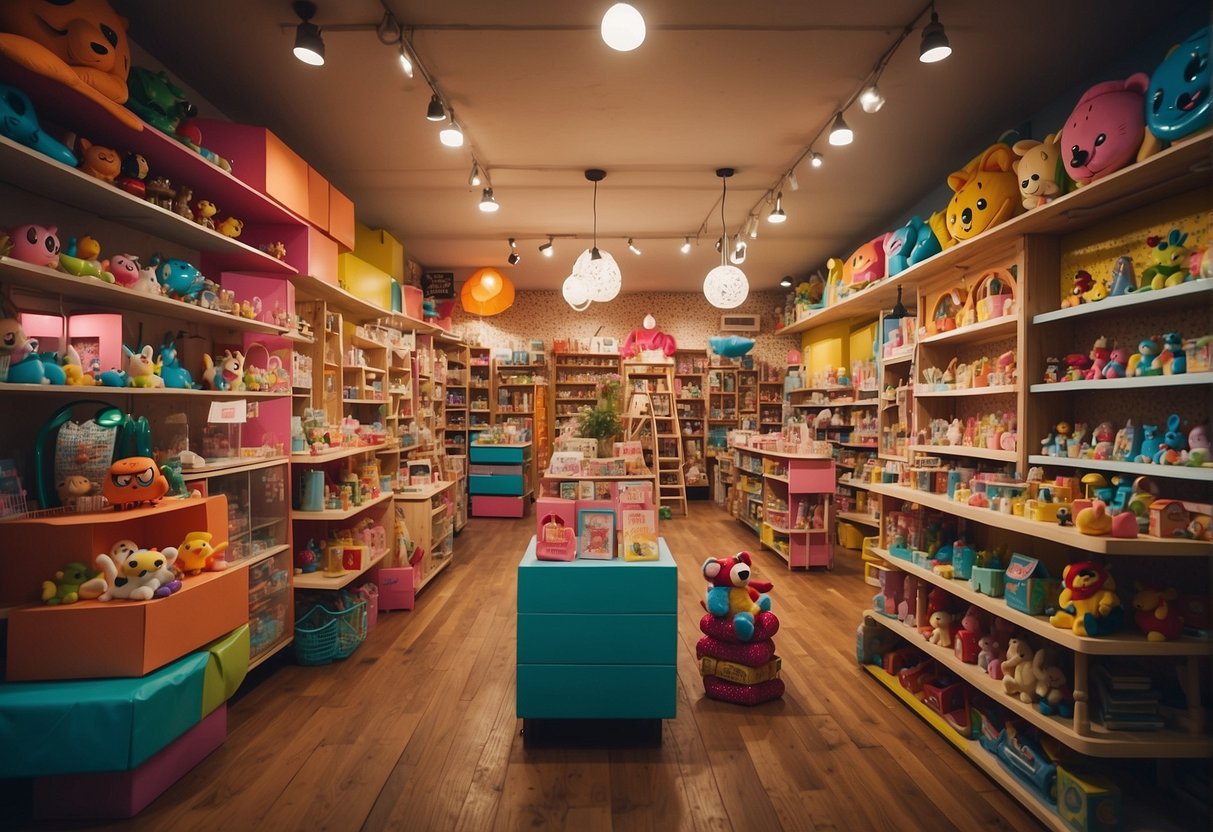 A colorful and bustling kids store in NYC, filled with whimsical toys, bright clothing, and playful decor. Shelves are lined with unique and quirky finds, creating a fun and vibrant atmosphere