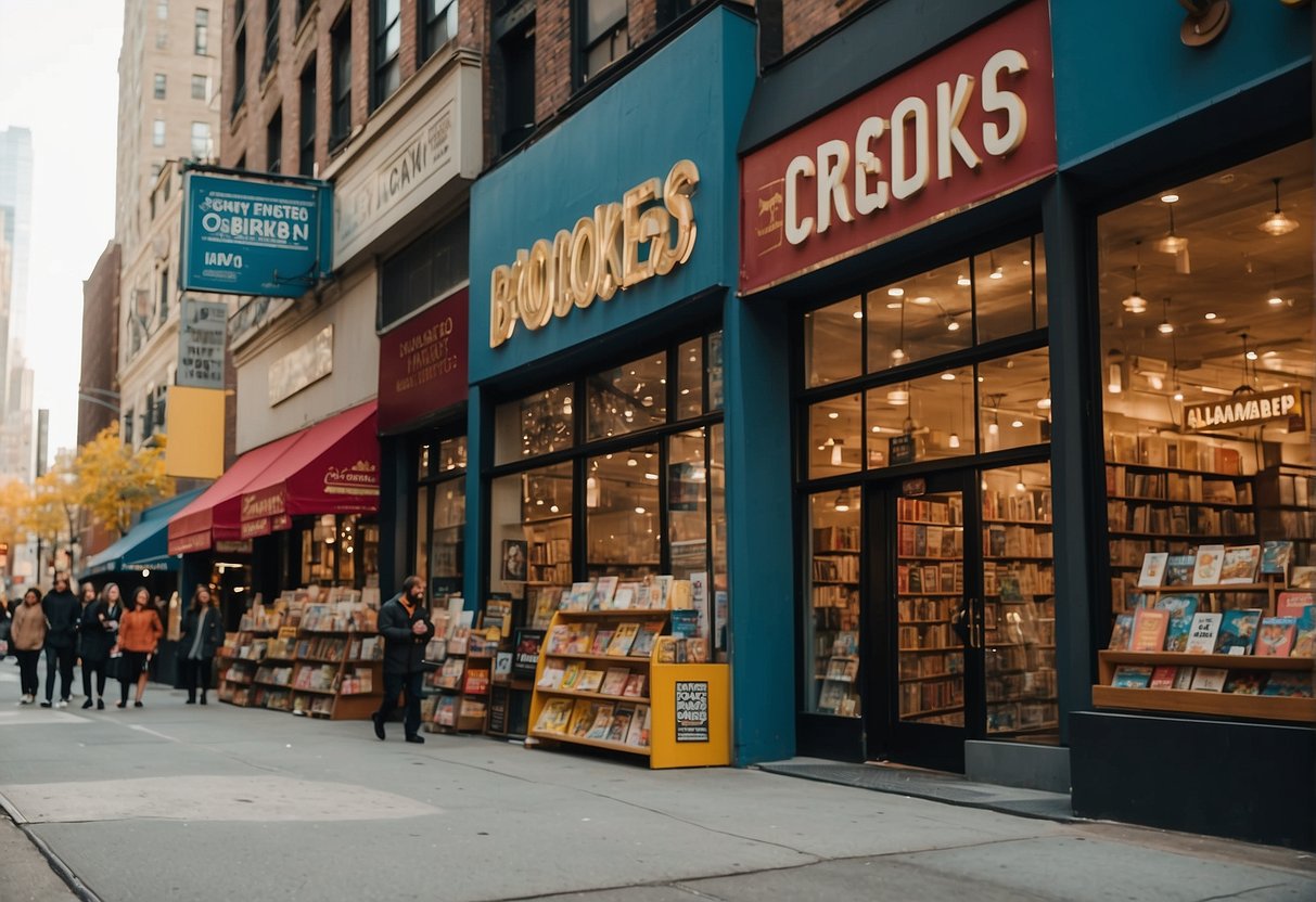 A bustling New York City street with colorful storefronts, a prominent sign reading "Bookstores and More 10 Best Kids Stores", and families entering and exiting with children's books and toys in hand
