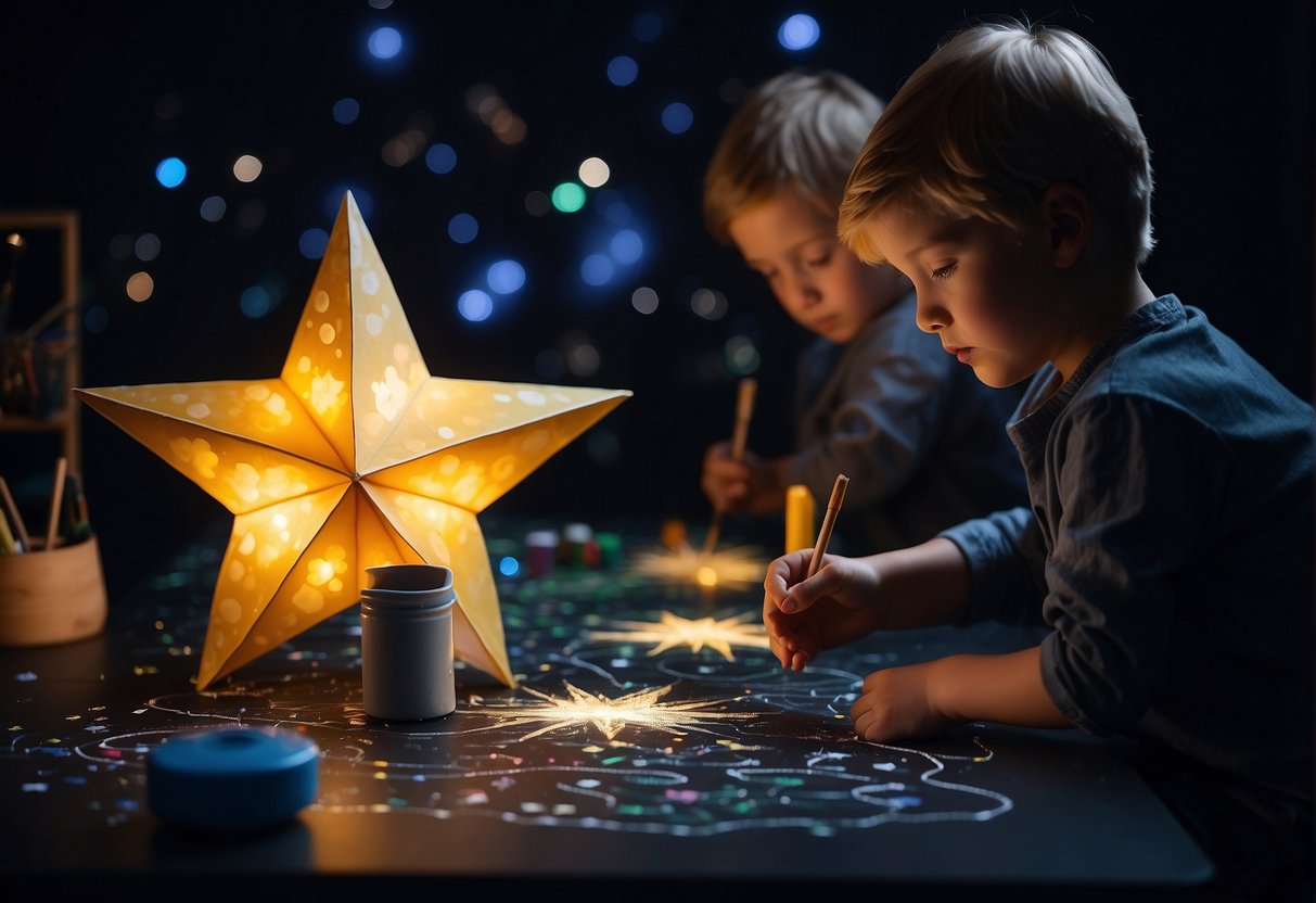 Children constructing paper rockets and painting glow-in-the-dark stars on a black canvas