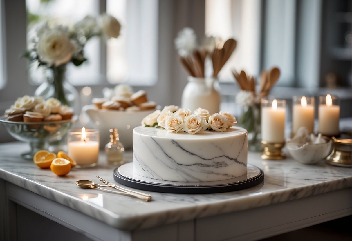 A pristine white marble countertop adorned with a variety of decorative cake tools and essentials, including piping bags, fondant molds, and delicate sugar flowers