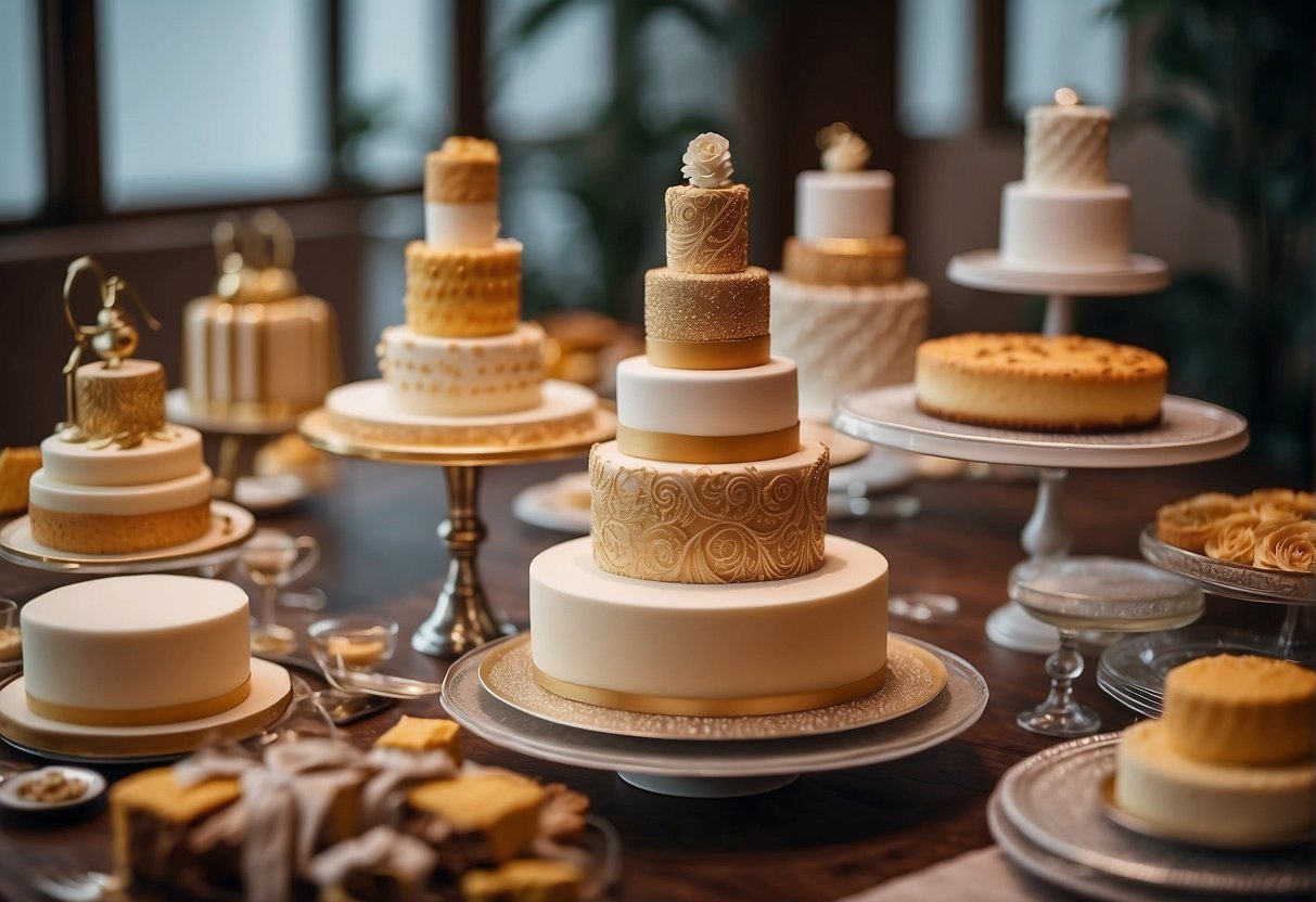 A table adorned with multiple cake tiers and structures, each displaying intricate and elegant designs