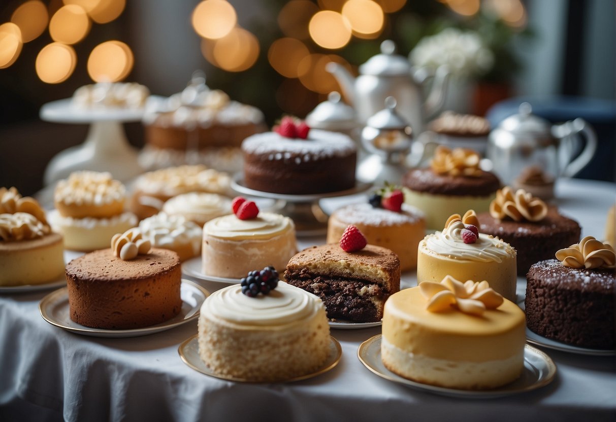 A table adorned with various frosted cakes and decorative finishes