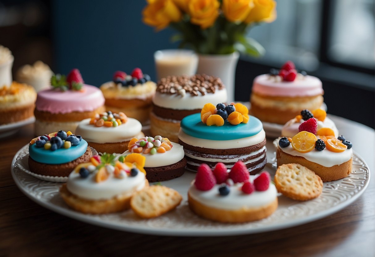 A table adorned with a variety of beautifully decorated belle cakes, each showcasing unique and creative designs, colors, and toppings