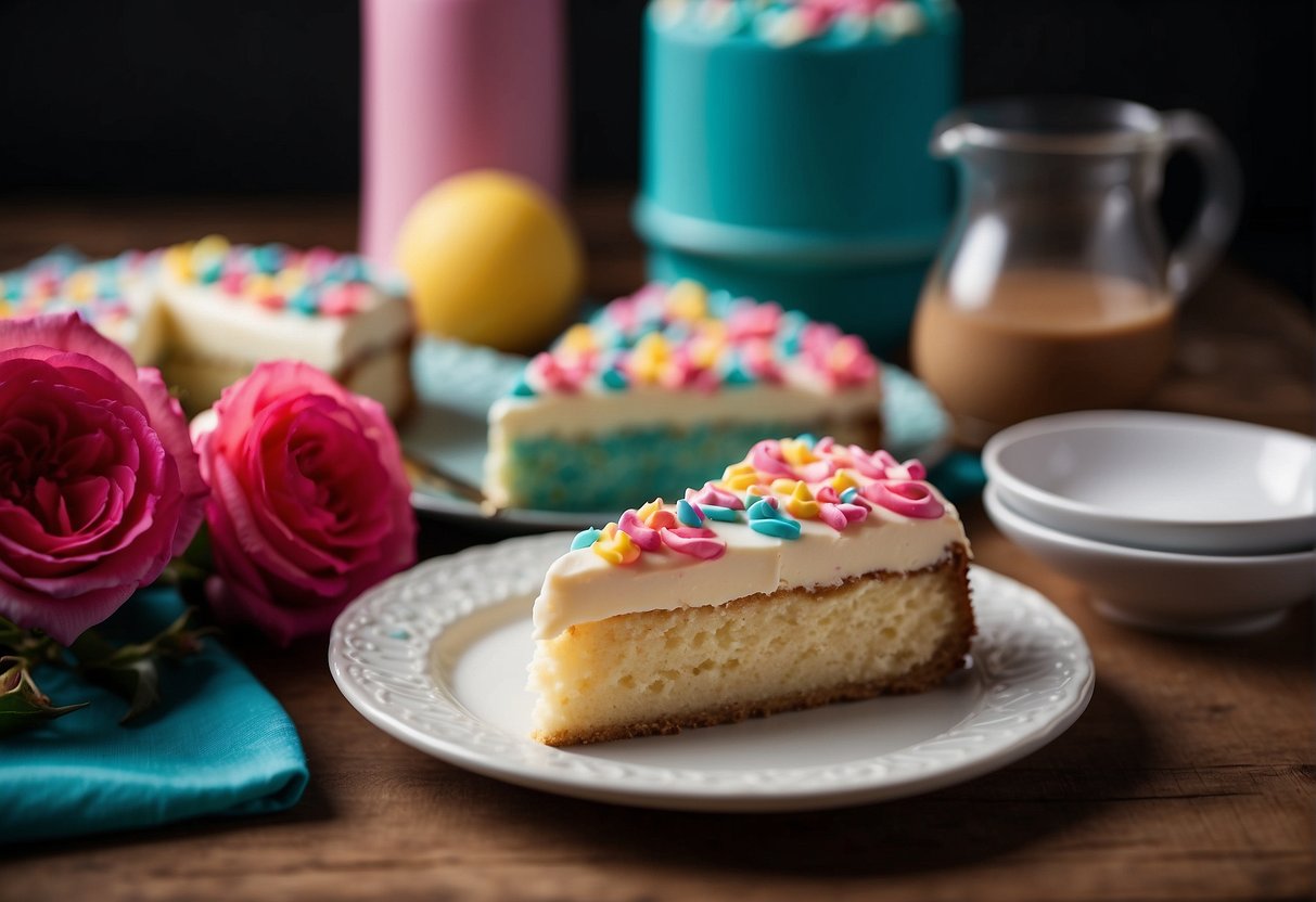 A table with a freshly baked cake, surrounded by colorful frosting, piping bags, and edible decorations. A book and rose nearby