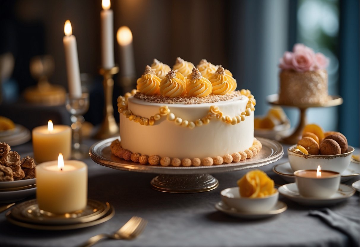 A table adorned with elegant cake accessories and decorative elements, showcasing various belle cake ideas