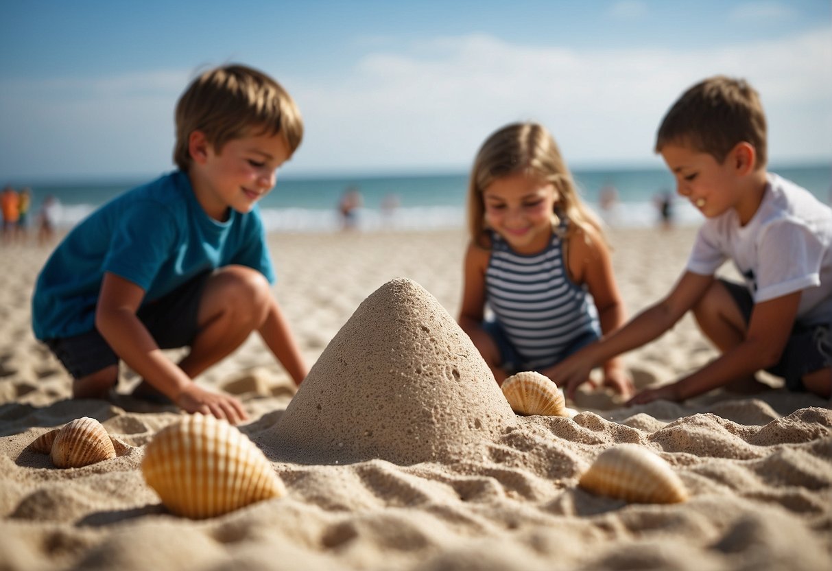 Children building sandcastles, playing beach volleyball, and collecting seashells by the shore