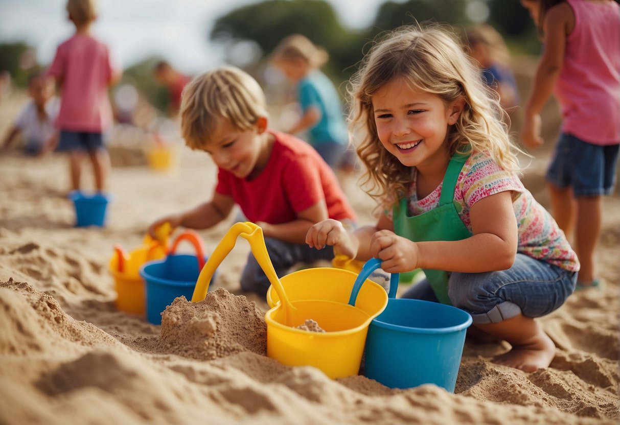 Children building sandcastles, digging tunnels, and creating shapes with molds. Colorful buckets, shovels, and rakes scattered around the sandy play area