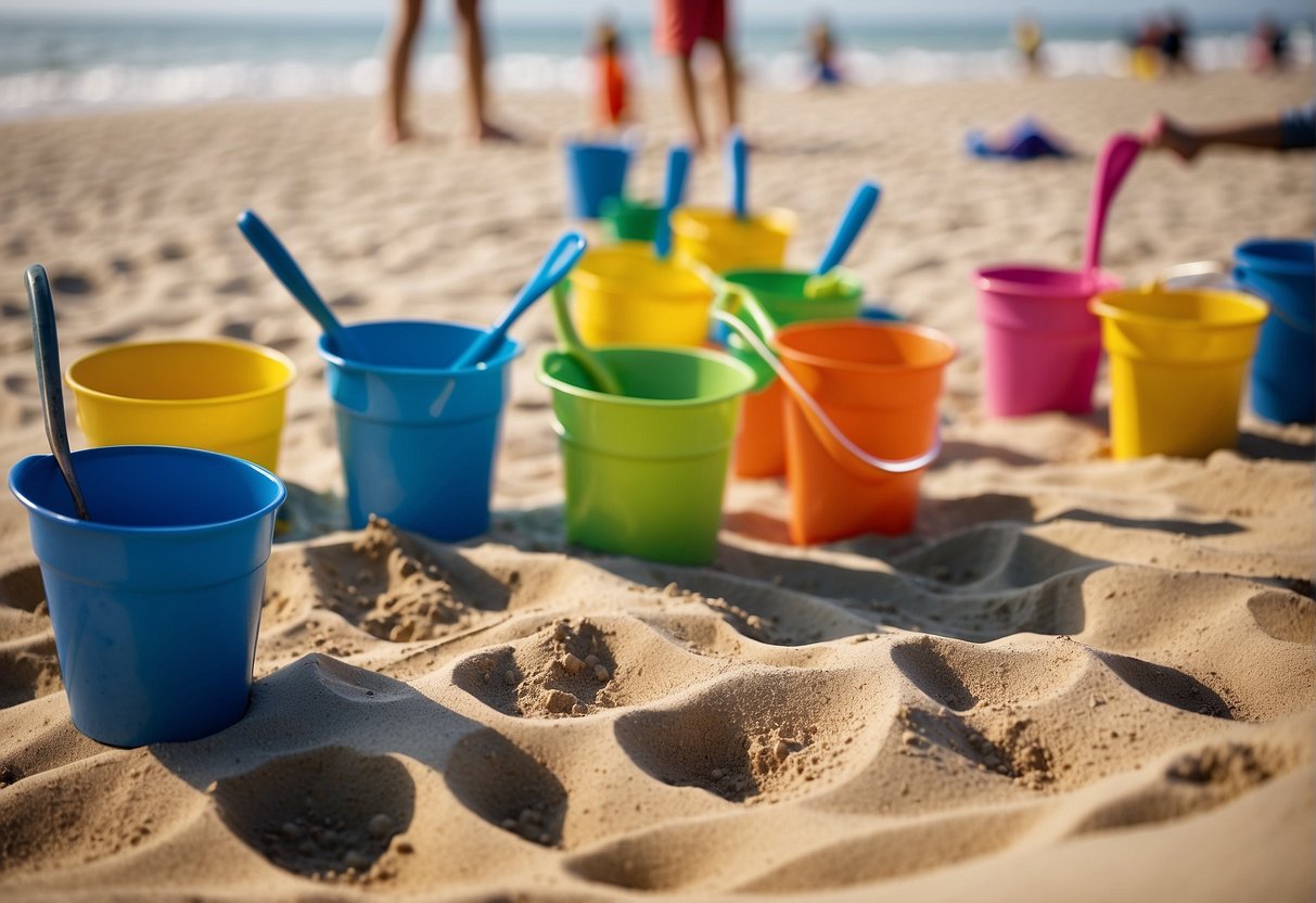Brightly colored buckets and shovels scattered across a sandy beach. A child's sandcastle stands tall, surrounded by footprints and sand molds