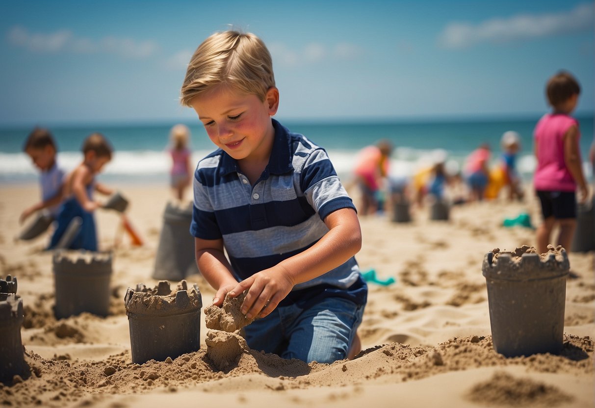 Children building sandcastles, digging tunnels, and creating sculptures on a sunny beach with buckets, shovels, and molds