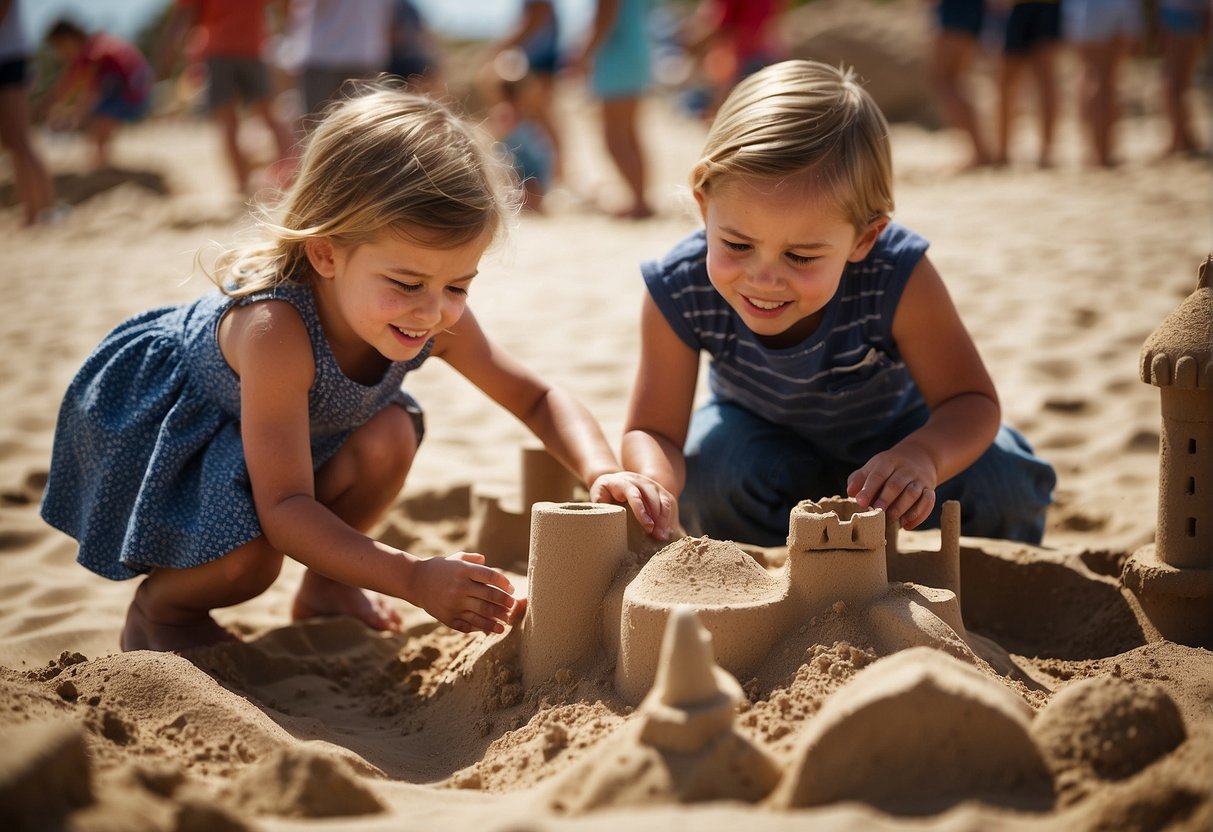 Children playing with sand toys and learning tools in a sandbox. Sandcastle building, sensory play, and educational games