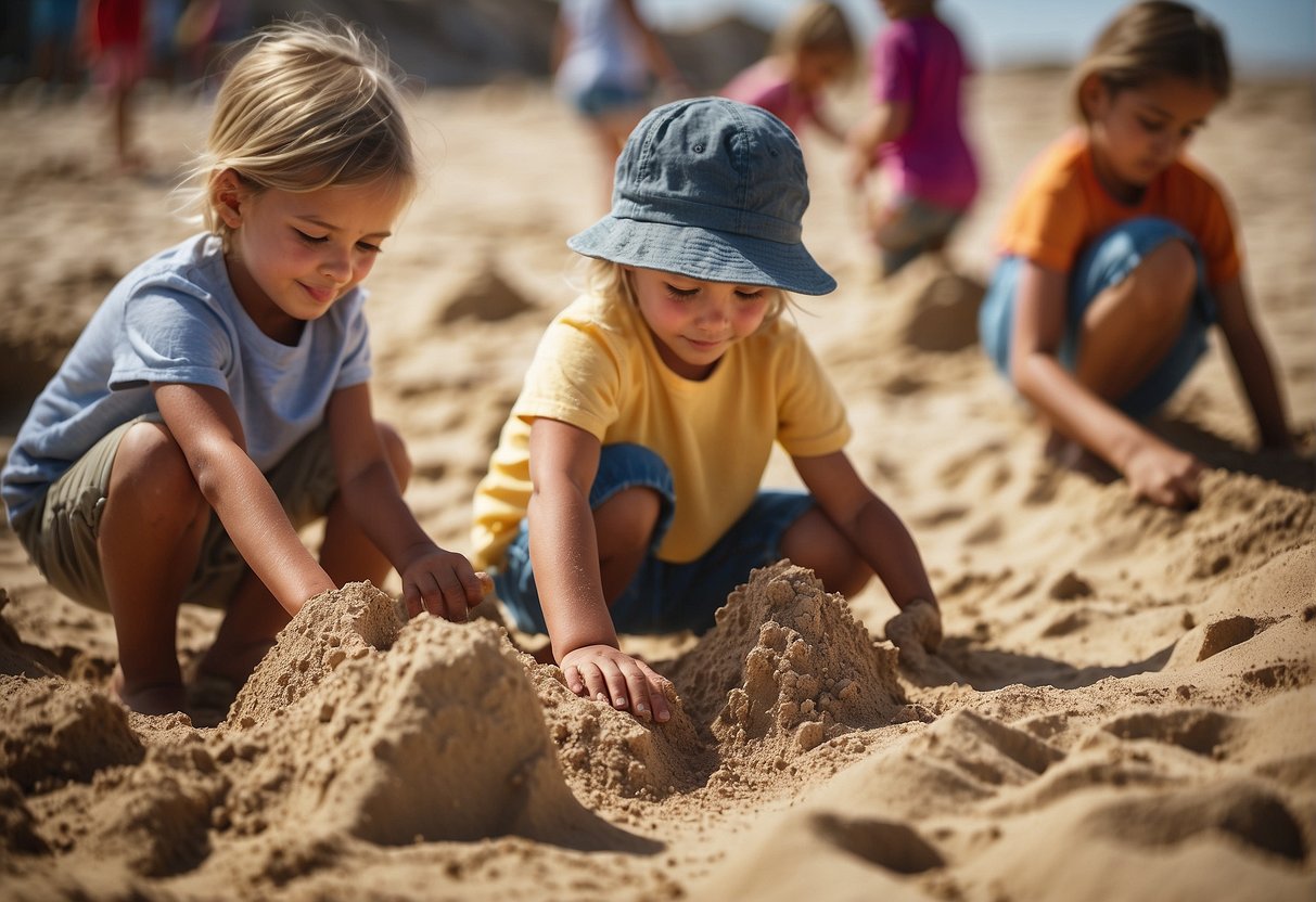 Children of various ages engaged in different sand activities: building sandcastles, digging tunnels, and creating patterns with rakes and shovels