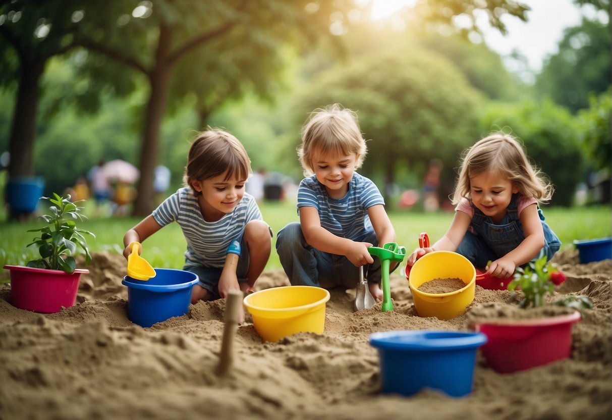 Children playing in a sandbox with colorful buckets, shovels, and molds surrounded by lush green trees, blooming flowers, and the sound of birds chirping