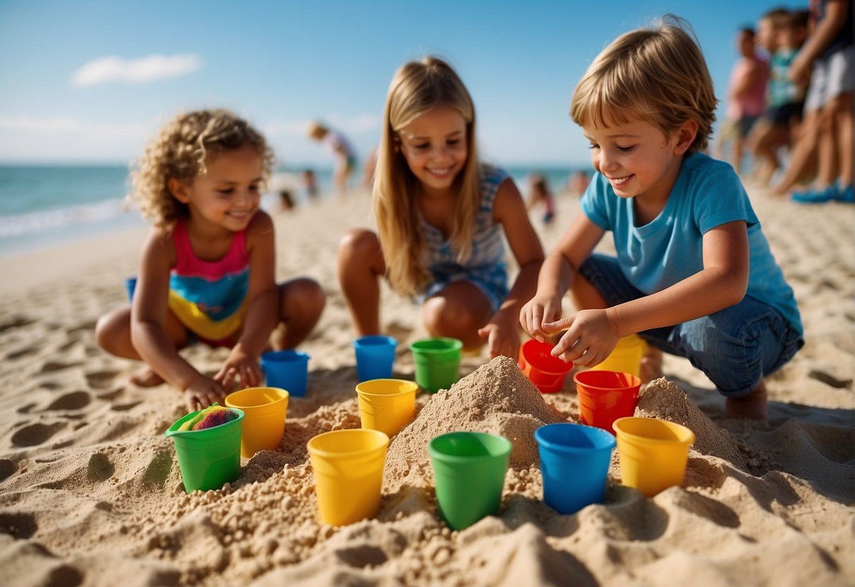 Children building sandcastles, playing beach games, and creating sand art under the sun with buckets, shovels, and colorful sand toys