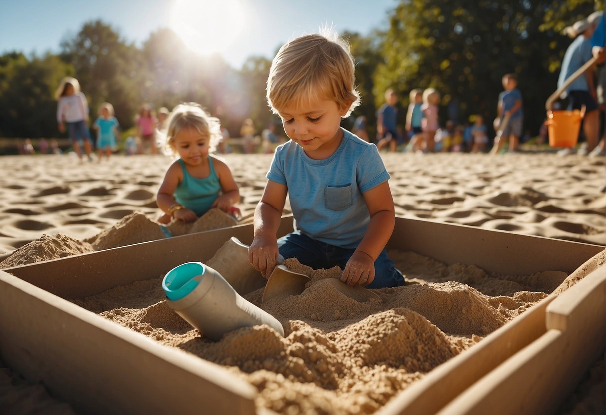 Children playing with buckets, shovels, and molds in a sandbox. Various sand art supplies scattered around. Sunshine and blue sky in the background