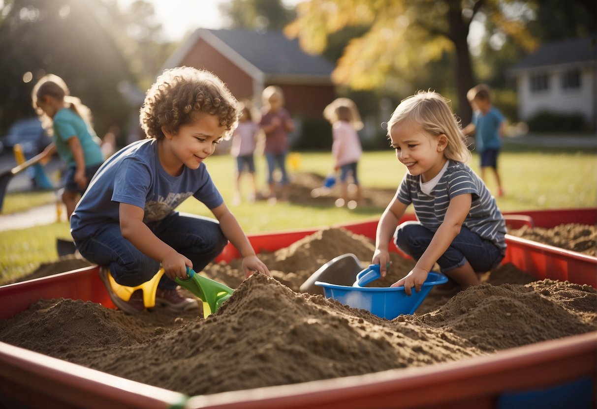 Children playing in a sandbox with shovels, buckets, and rakes. A parent nearby supervising and providing clean-up supplies like a broom and dustpan